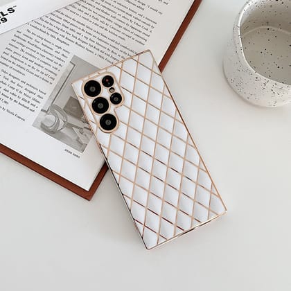 Glossy White Grid Gold Electroplated Cover-Samsung Galaxy Note 20 Ultra