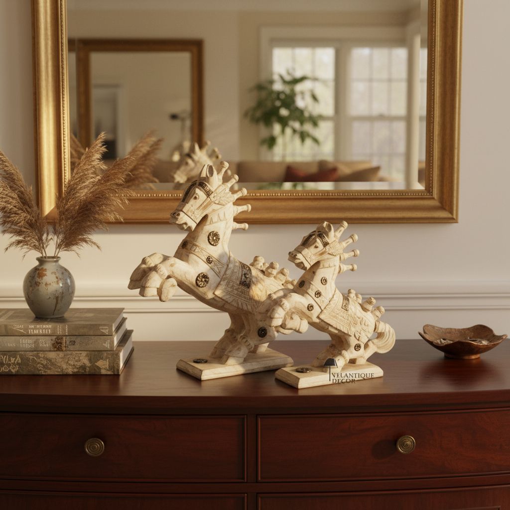 Wooden Carved Horse Pairs Statue, Distressed Horses Scalpture Pairs