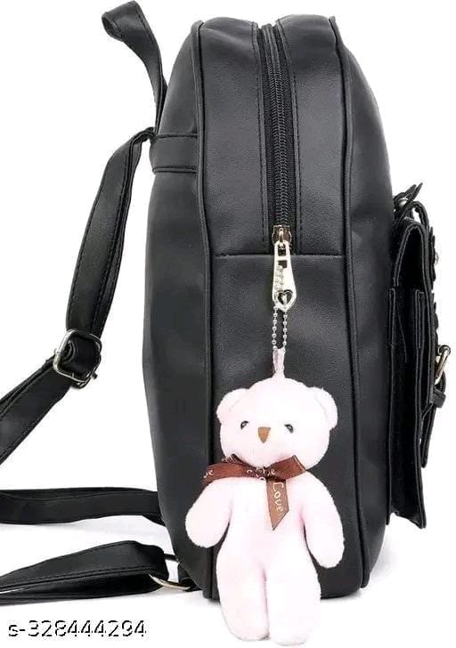 Black PU Leather Backpack with Round Sling Bag and Bowknot Coin Purse