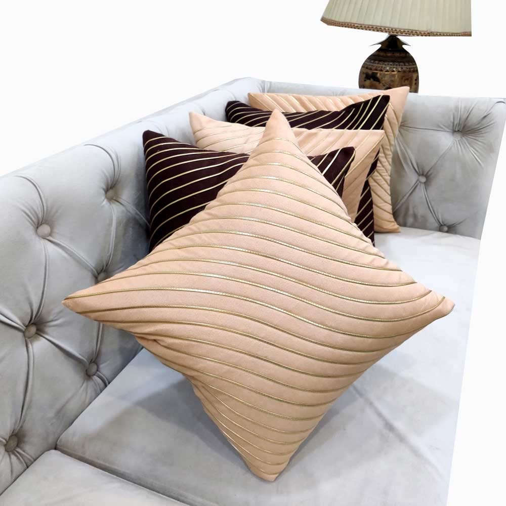 Beige & Brown Striped Set of 5 Ethnic Motifs Embroidered Zipper Square Combo Set Cushion Covers (16x16 inch or 40 x 40 cm) - Ethnic Shoes | Buy online on ZillyBuy