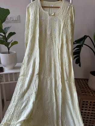 Muslin Chikankari Kurti with Pearl  Work - Apple Green-Apple Green / Viscose / S