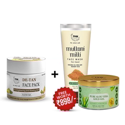 BUY DE-TAN FACE PACK 100GM, GET ALOEVERA GEL CREAM + MULTANI MITTI FACEWASH FREE