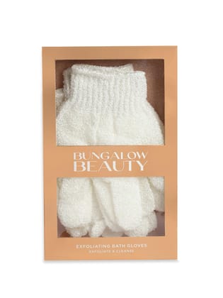 BUNGALOW BEAUTY Microfiber Exfoliating Loofah Body Hand Gloves for Bathing | Shower Gloves | Dry Skin | Dead Skin Cell Remover | Body Scrub | Skin Exfoliator for Body | Shower Gloves for Women (2 Pairs) (White)