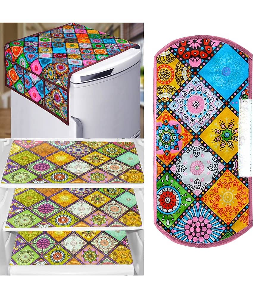 Crosmo Polyester Ethnic Fridge Mat & Cover ( 64 18 ) Pack of 5 - Multicolor