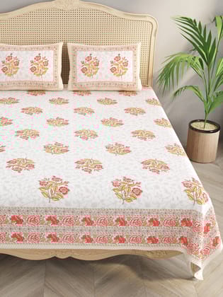 Extra Soft Percale Cotton Double King Floral Print Bedsheet with 2 Pillow Covers-Hand Block / Double King (90X108 Inches) / Regular
