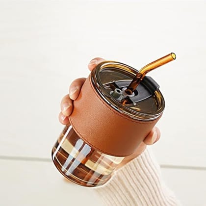 Glass Coffee Sipper Mugs with Straw and Lid Sealed with Leather Sleeve (Brown, 400ml)