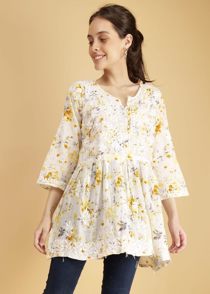 Mulmul Short Frock Style Chikankari Kurti - Floral Print Yellow
