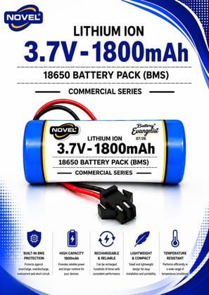 NOVEL 3.7V 18650 LITHIUM ION SM PIN BATTERY WITH CHARGING CABLE- 1800mAh