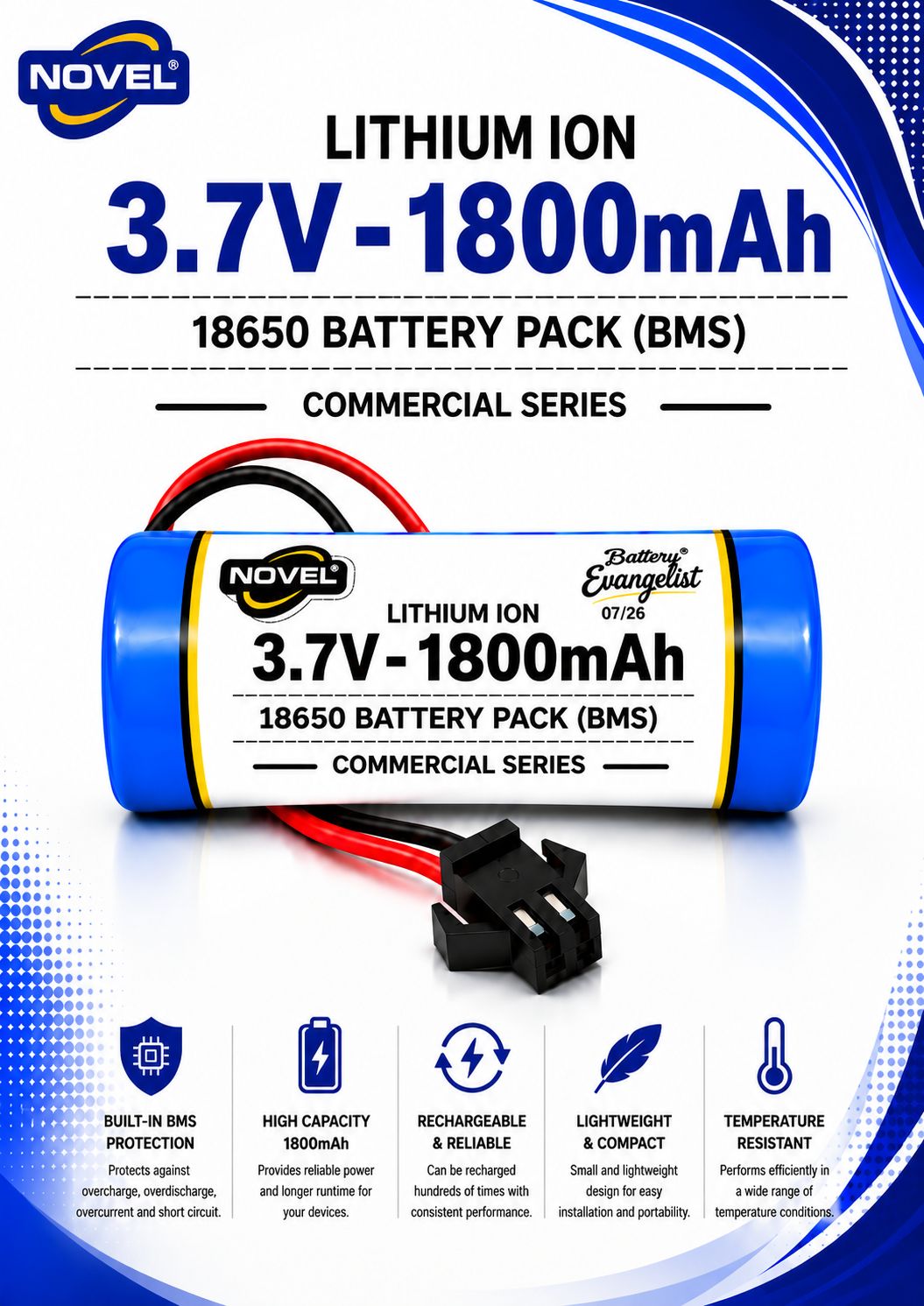 NOVEL 3.7V 18650 LITHIUM ION SM PIN BATTERY WITH CHARGING CABLE- 1800mAh
