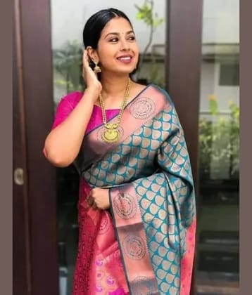 Gazal Fashions Silk Woven Banarasi saree With Unstitched Blouse Piece ( Rama )