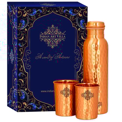IndianArtVilla Pure Copper Drinkware Gift Set of Hammered Matt Finish Design 1 Bottle & 2 Glass With Royal Blue Gift Box, Gift item for Diwali, Birthday & Parties