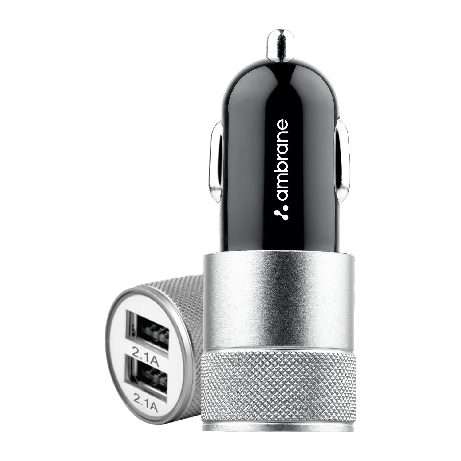 Ambrane 12W Fast Car Charger, Dual USB Output, Multi-Layer Protection, Fast Charging, Compatible with All Cars, Without Cable for All Mobiles & Other USB Enabled Devices (ACC74, Black & Silver) Black and Silver / ACC-74-M