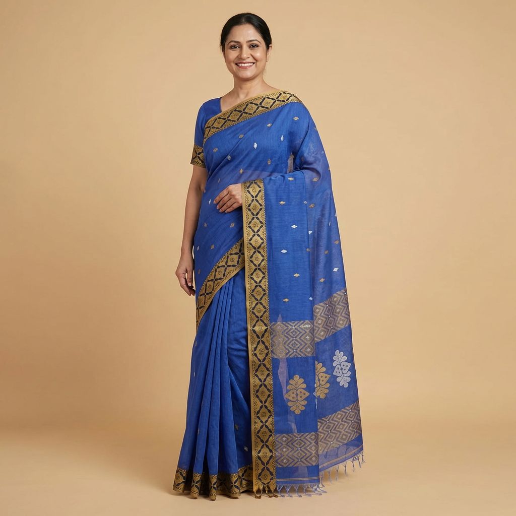 Handloom Cotton Blue Tangail Saree