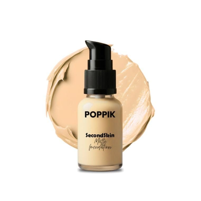 POPPIK Second Skin Matte Foundation 40ml | Paraben & Sulfate Free, Mineral Oil Free, Hydrating Buildable Coverage with UV Protection | Smooth, Natural, Non-Greasy Finish for All Skin Types