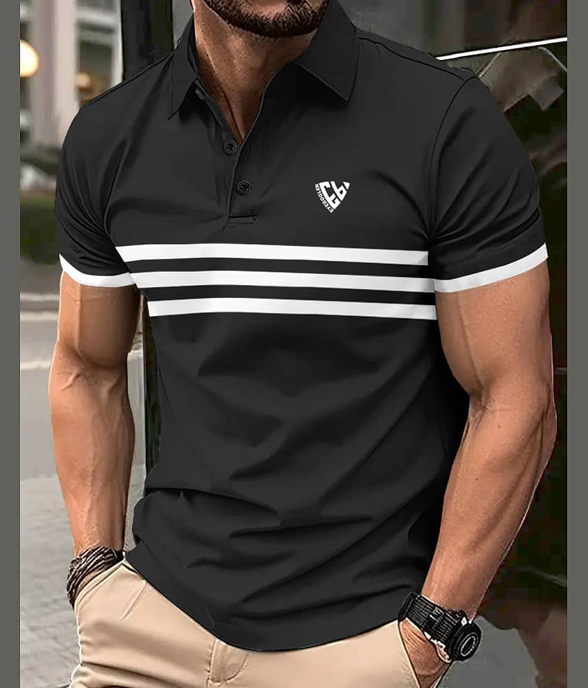 Eyebogler Pack of 1 Cotton Blend Regular Fit Striped Half Sleeves Men's Polo T Shirt ( Black )