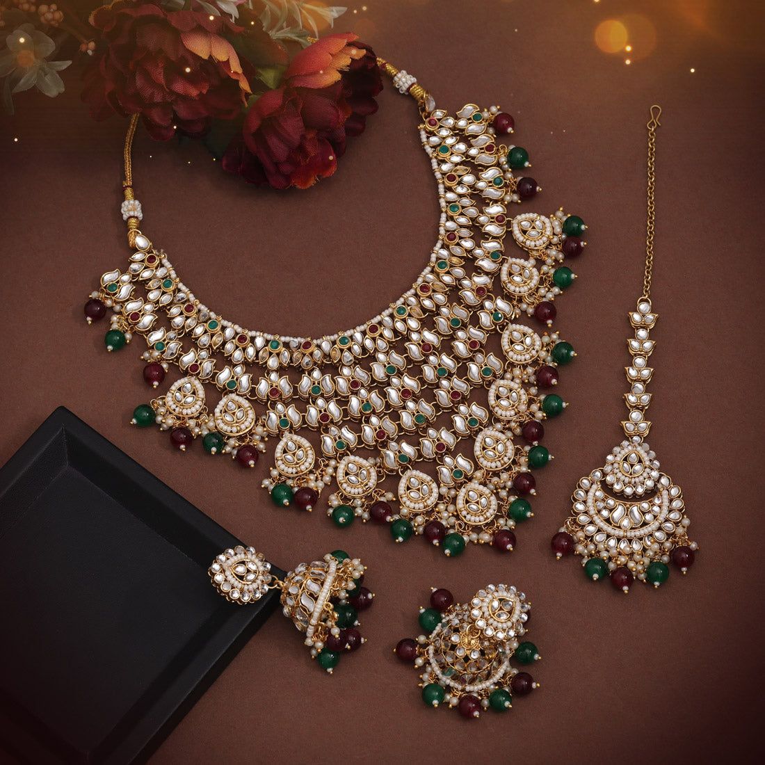 Maroon & Green Color Kundan Necklace Set (KN1426MG)-Adjustable Rope / Green / Alloy With Good Quality Gold Plated