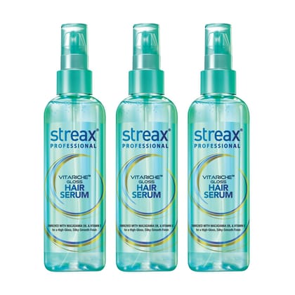 Streax Professional Vitariche Gloss Hair Serum for Women & Men - Enriched with Macademia Oil and Vitamin E For Gorgeous & Shiny Hair - Helps in Everyday Styling, Adds Shine to Hair, 115ml, Pack of 3 Streax Professional Vitariche Gloss Hair Serum for Wome
