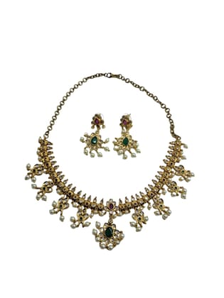 ANVAYACOLLECTIONS Traditional Gold Tone Necklace and Earrings Set with Green and Red Stones, Pearl Drops, Kundan Work Jewellery for Women