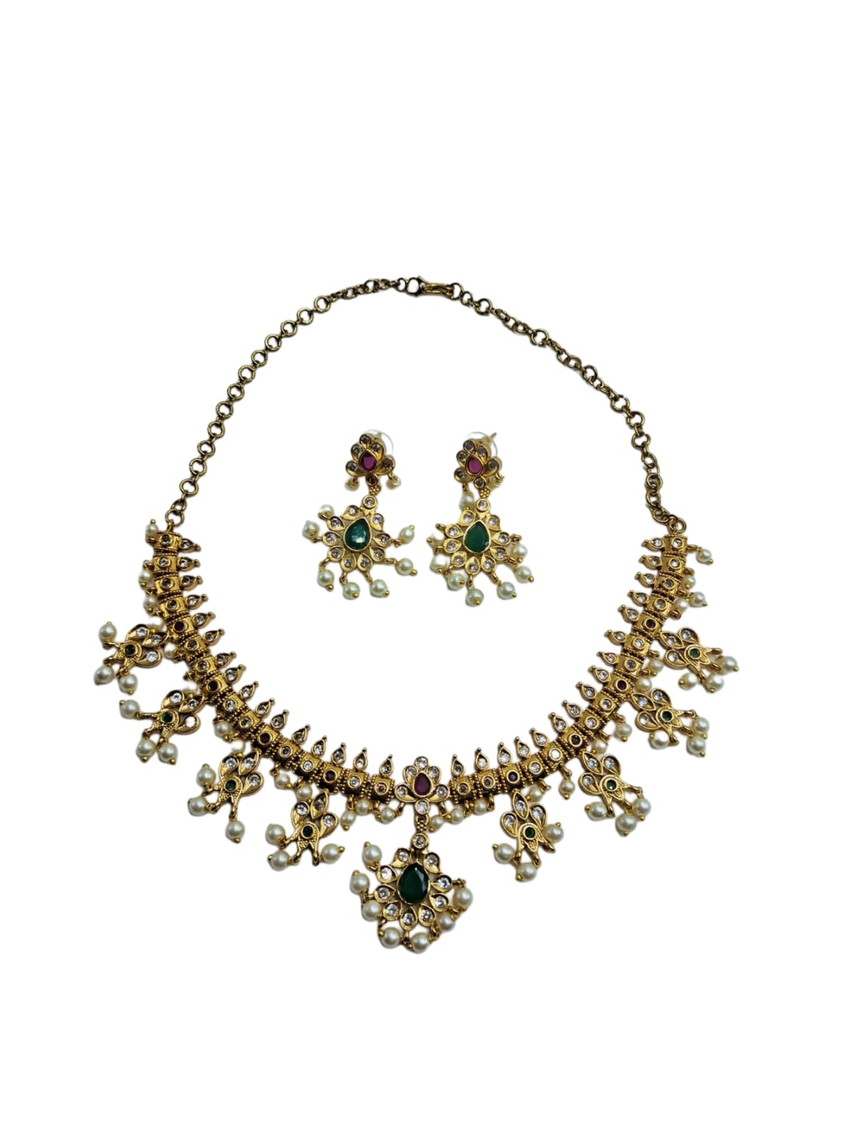 ANVAYACOLLECTIONS Traditional Gold Tone Necklace and Earrings Set with Green and Red Stones, Pearl Drops, Kundan Work Jewellery for Women