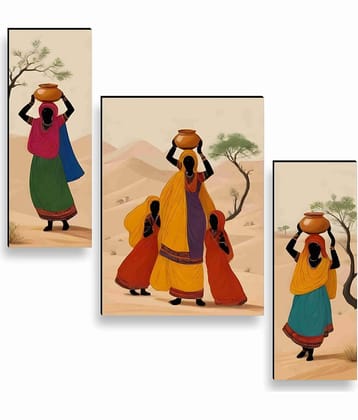 SAF Rajasthani Women Desert Art – 3 Panel Traditional Village Lady Painting with Pots for Ethnic Home & Cultural Décor 12 Inch x 20 Inch