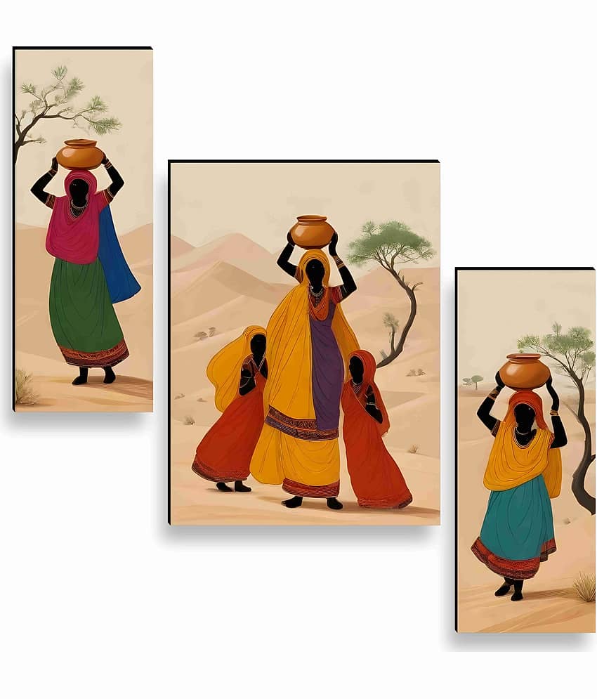 SAF Rajasthani Women Desert Art – 3 Panel Traditional Village Lady Painting with Pots for Ethnic Home & Cultural Décor 12 Inch x 20 Inch