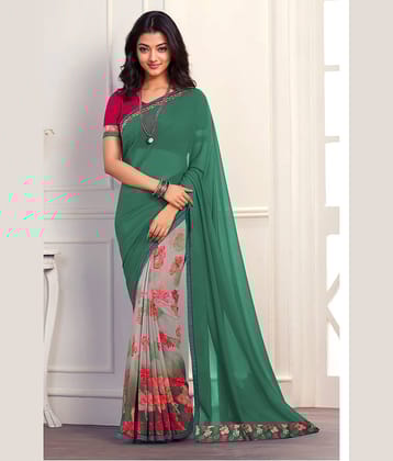 BLEESBURY Georgette Printed Saree With Unstitched Blouse Piece ( Mint Green )