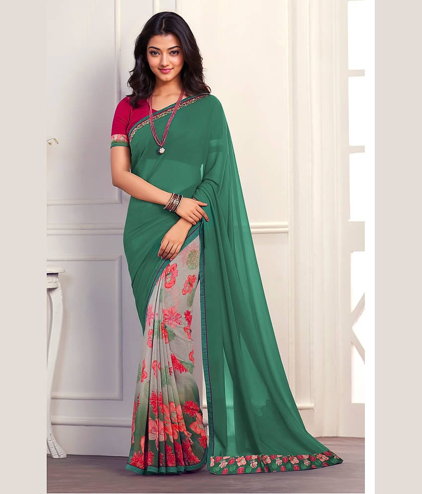 BLEESBURY Georgette Printed Saree With Unstitched Blouse Piece ( Mint Green )