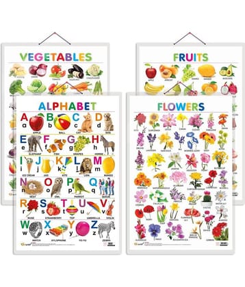 Set of 4 Alphabet, Fruits, Vegetables and Flowers Early Learning Educational Charts for Kids | 20"X30" inch |Non-Tearable and Waterproof | Double Sided Laminated | Perfect for Homeschooling, Kindergarten and Nursery Students
