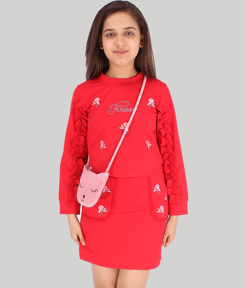 Cutecumber Pack of 1 Girls Cotton Blend Top With Skirt ( Red )