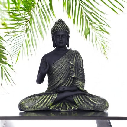 Black Matte Finish Lord Buddha StatueOlive Green Drapery Details