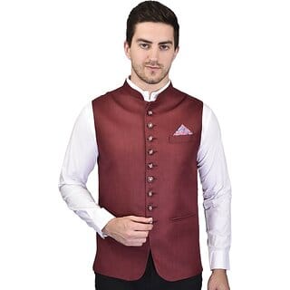 PrintCulture Men Self Design Brown Cotton Blend Nehru Jacket
