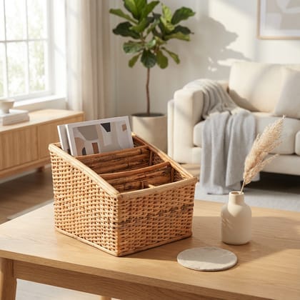 Dastkar Crafts Cane Rattan Handmade Multipurpose Basket/Magazine Stand Holder (Brown, Standard)