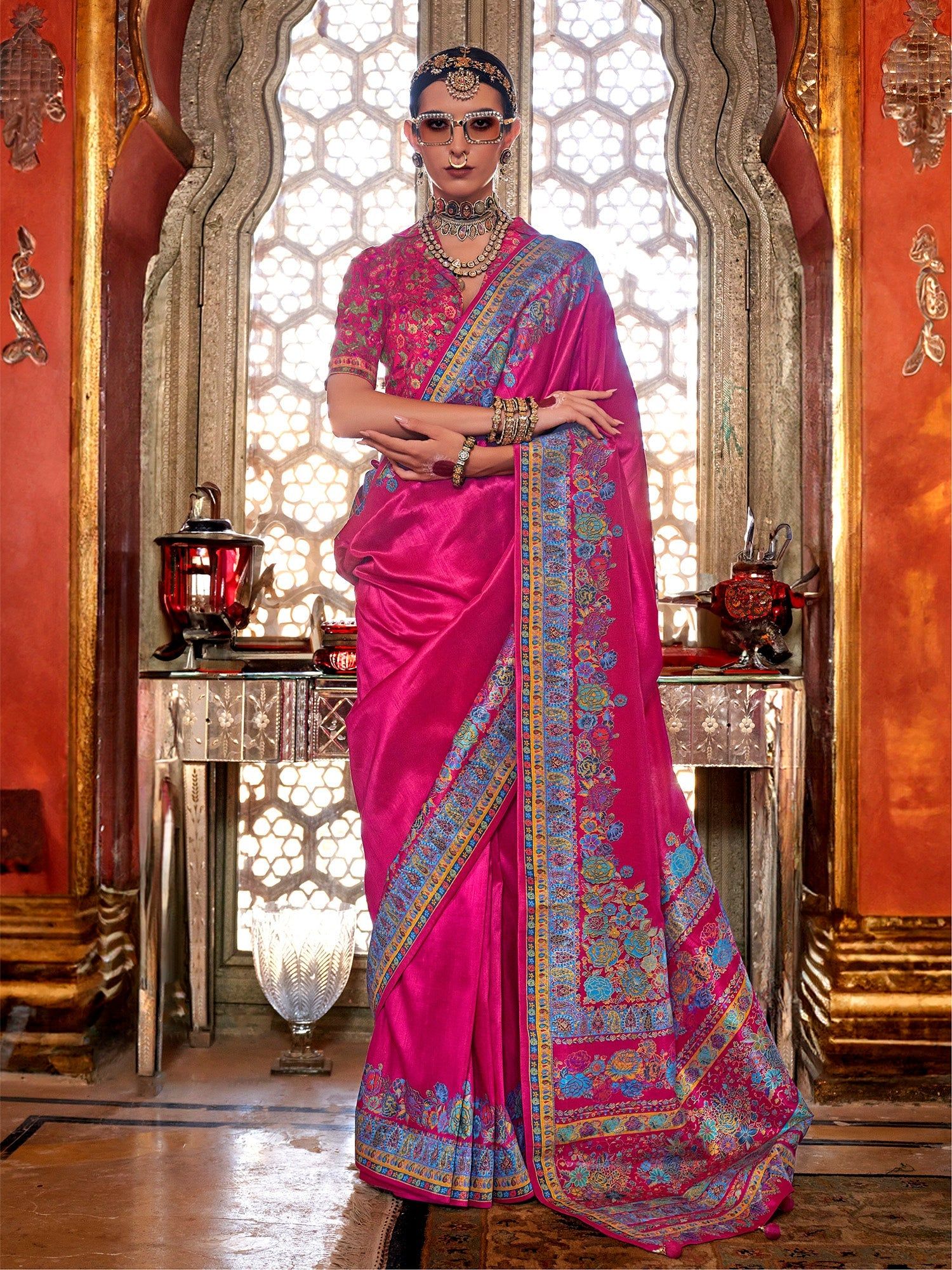 Rani Pink Poly Viscose Silk Pashmina Saree with Printed Floral Motifs Saree