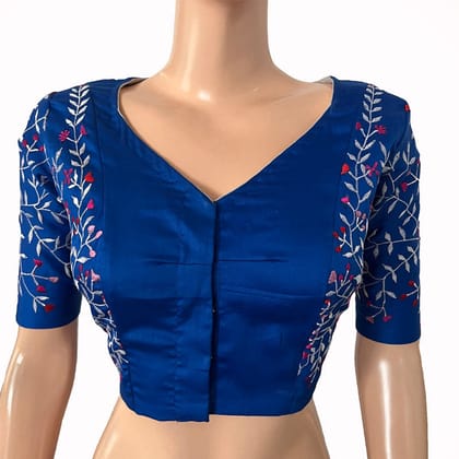 Embroidered Silk Cotton V neck Blouse with  Lining,  Royal blue, BW1145-S