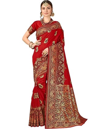 Dressy Jacquard Embellished Saree With Unstitched Blouse Piece ( Maroon )