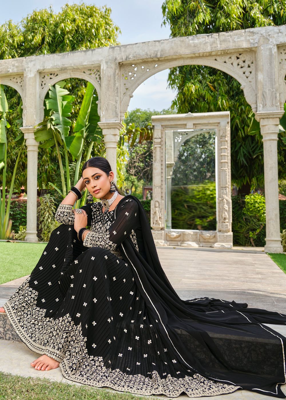 Jet Black Heavy Embroidered Anarkali Suit Set