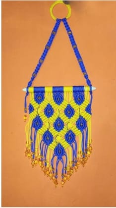 Handmade Macram e Wall Hanging in Blue and Yellow with Beaded Fringe