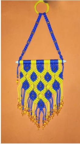 Handmade Macram e Wall Hanging in Blue and Yellow with Beaded Fringe