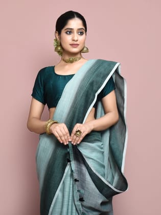 Sea Green Linen cotton plain Saree