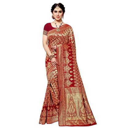 Generic Women's Jacquard Silk, Kanjivaram Jacquard Silk Saree with Blouse (Red, 5 - 6 Mtrs)