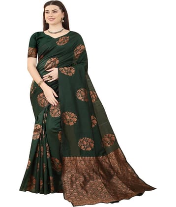 NENCY FASHION Banarasi Silk Embellished Saree With Unstitched Blouse Piece ( Green )