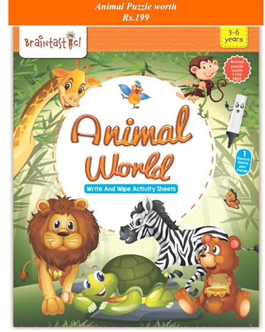 Braintastic Educational Game (3-6 yrs):Animal World / Kids Toys/Write & Wipe Activity Sheets/ Free 12 pc Puzzle inside
