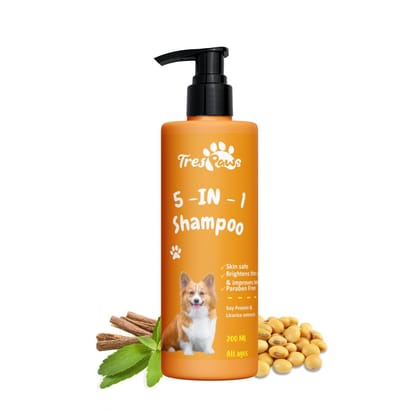 Trespaws 5 in 1 Dog Shampoo, 200 ml for Pomeranian, Shih Tzu Puppy, German Shepherd, Labrador & Golden Retriever | Cleanses, Conditions, Detangles, Moisturizes & Deodorizes