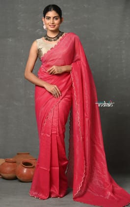 Tyohaar ~ Mul Cotton Zari Design Handloom Woven Saree - Bright Red