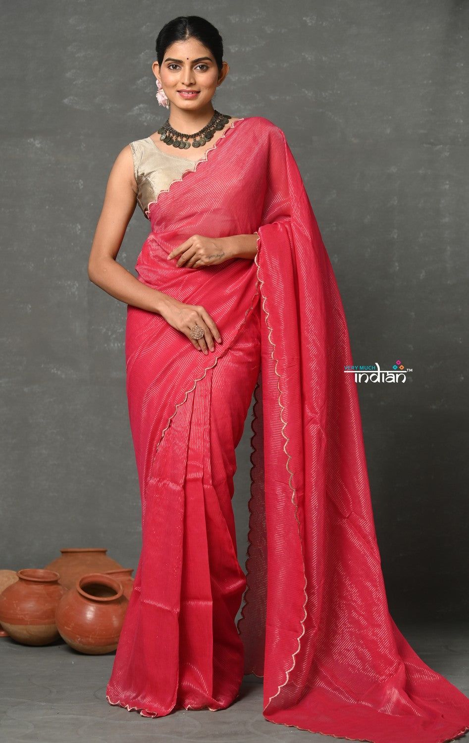 Tyohaar ~ Mul Cotton Zari Design Handloom Woven Saree - Bright Red