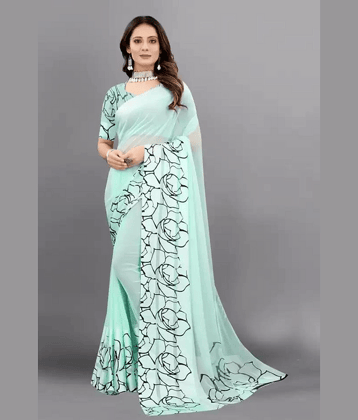 sanwariya Georgette Printed Saree With Unstitched Blouse Piece ( SkyBlue )