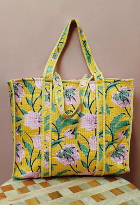 Handblock Printed Quilted Tote Bag without zip/button 17x18x 6 inches