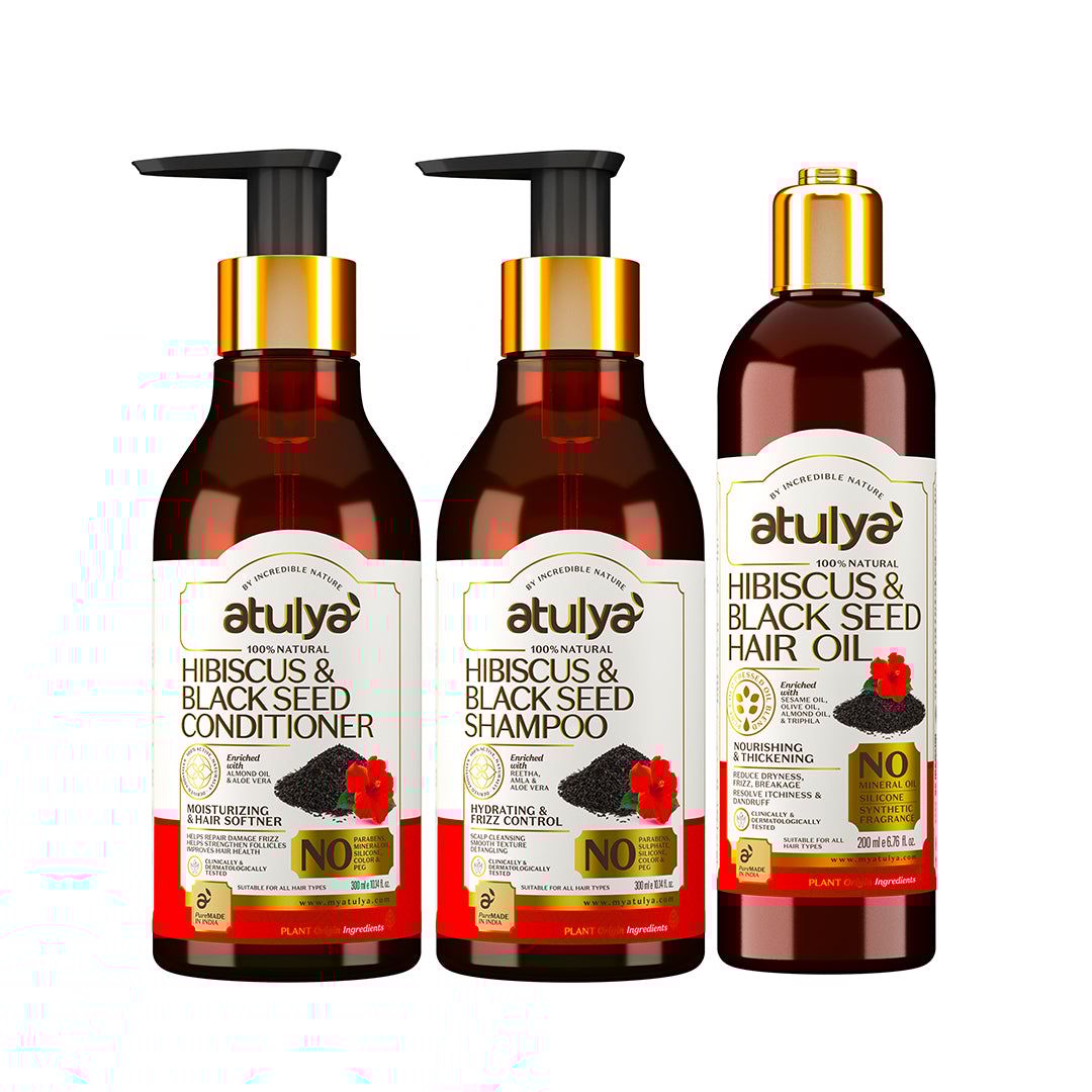 atulya Hibiscus & Black Seed Shampoo, Conditioner with Hair Oil Combo (set of 3)
