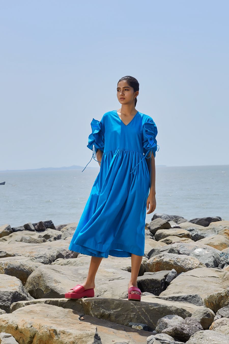 Ruffle Sleeve Dress-XS / Blue