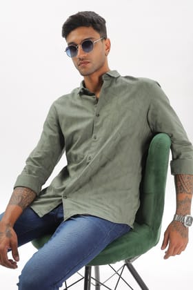 Olive Green Textured Party Wear Shirt-S